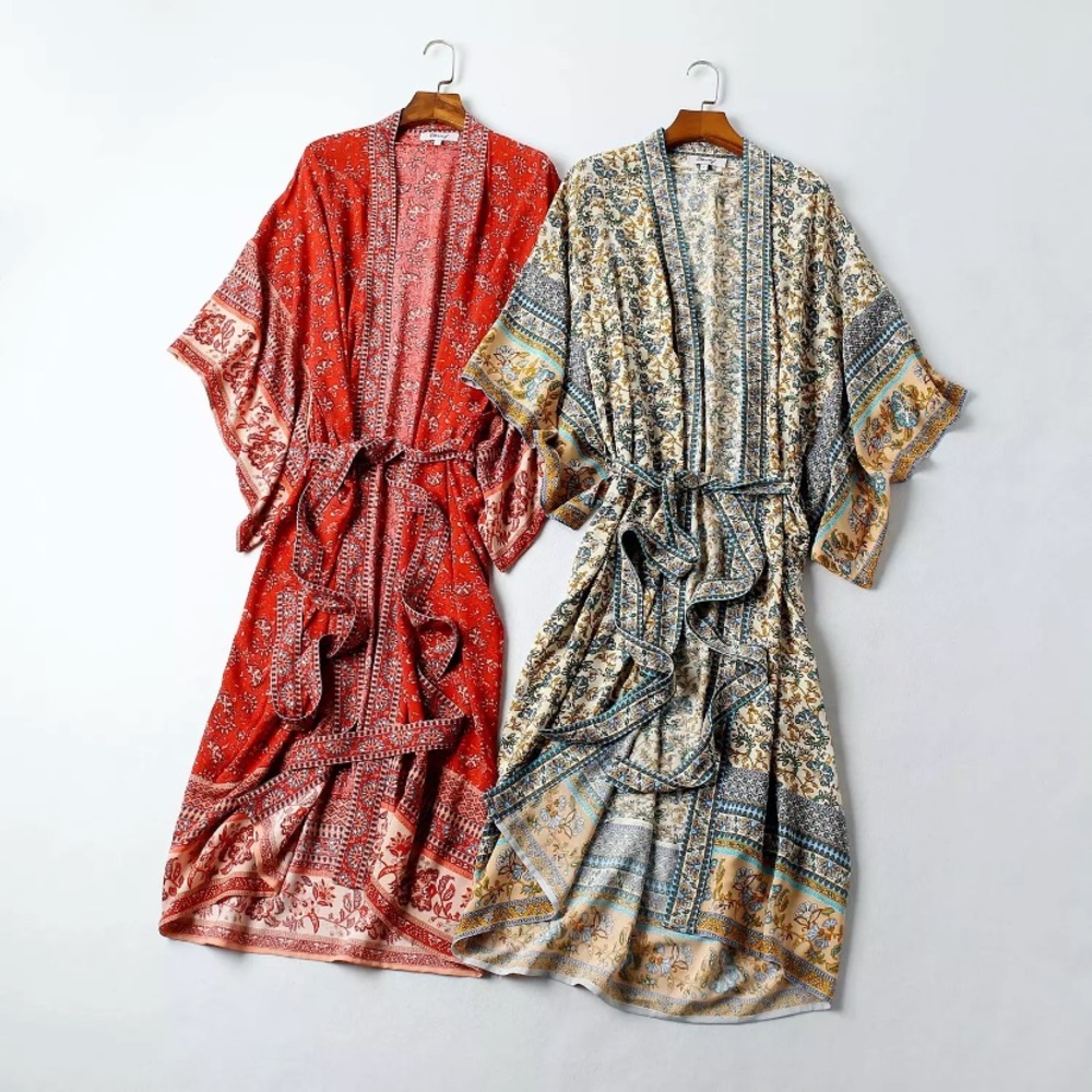 Red Boho Paisley Floral Kimono Duster Wrap Robe - Picture 3 of 4